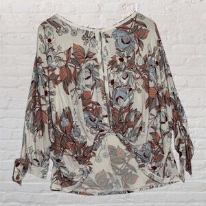 Free People Floral Twist Front Button Back Tie Sleeve Blouse Cream‎ Pink Blue M